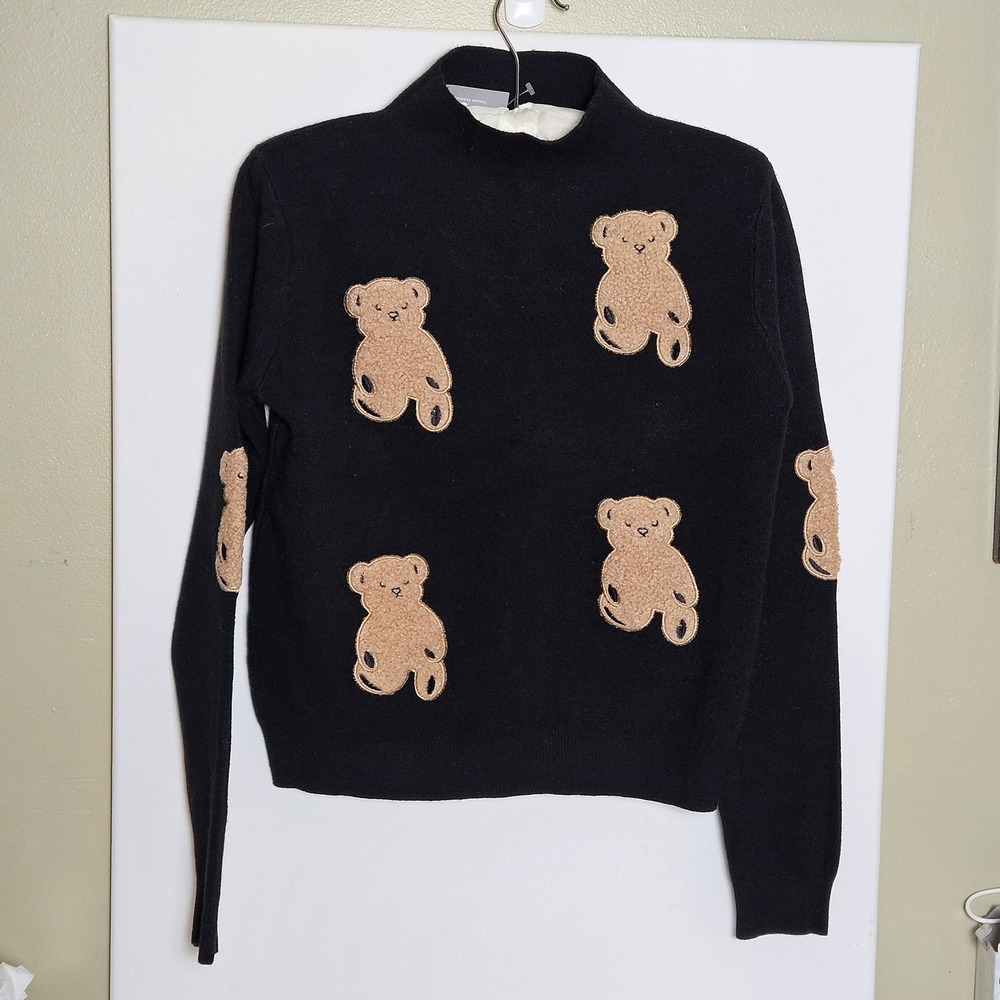 NWT Bagatt Italian Fashion Store Black Mock Neck Teddy Bear Patch Sweater S/M